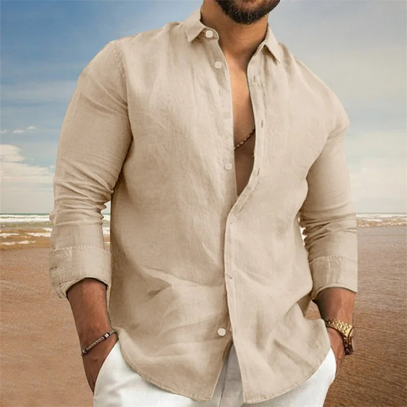 Men’s Linen Casual Shirt | Black & White Button Long Sleeve Beachwear S-3XL
