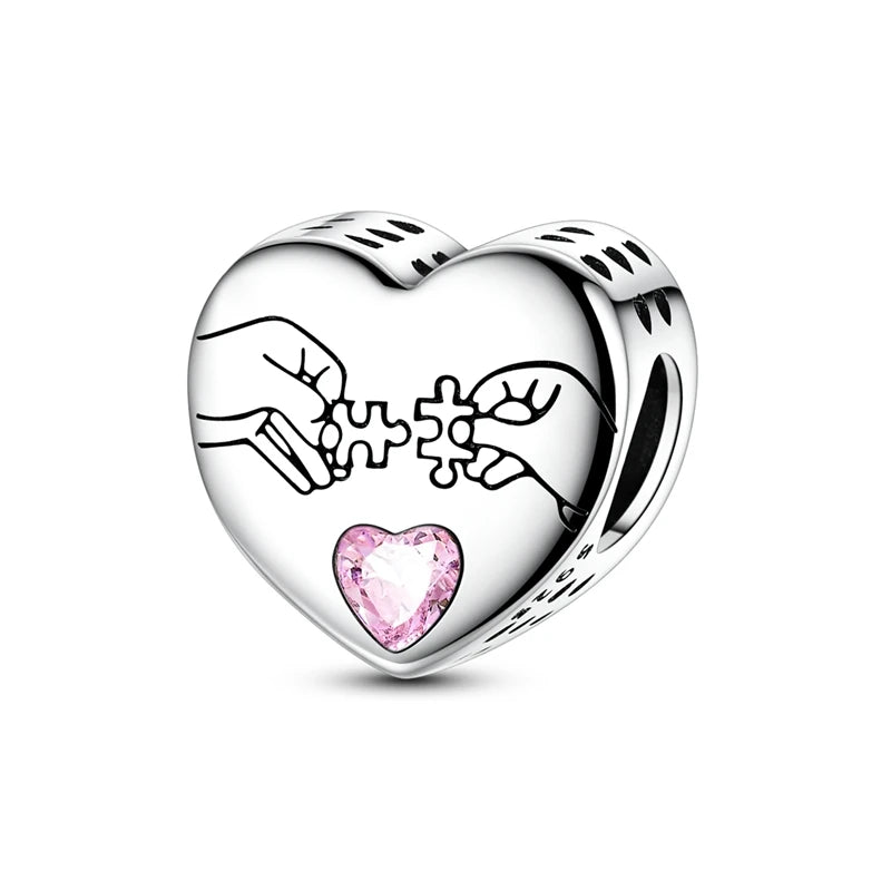 Original 925 Sterling Silver Clip Charm Bead | Round Heart Love Family Charms Fit Bracelet Women DIY Jewelry Gift
