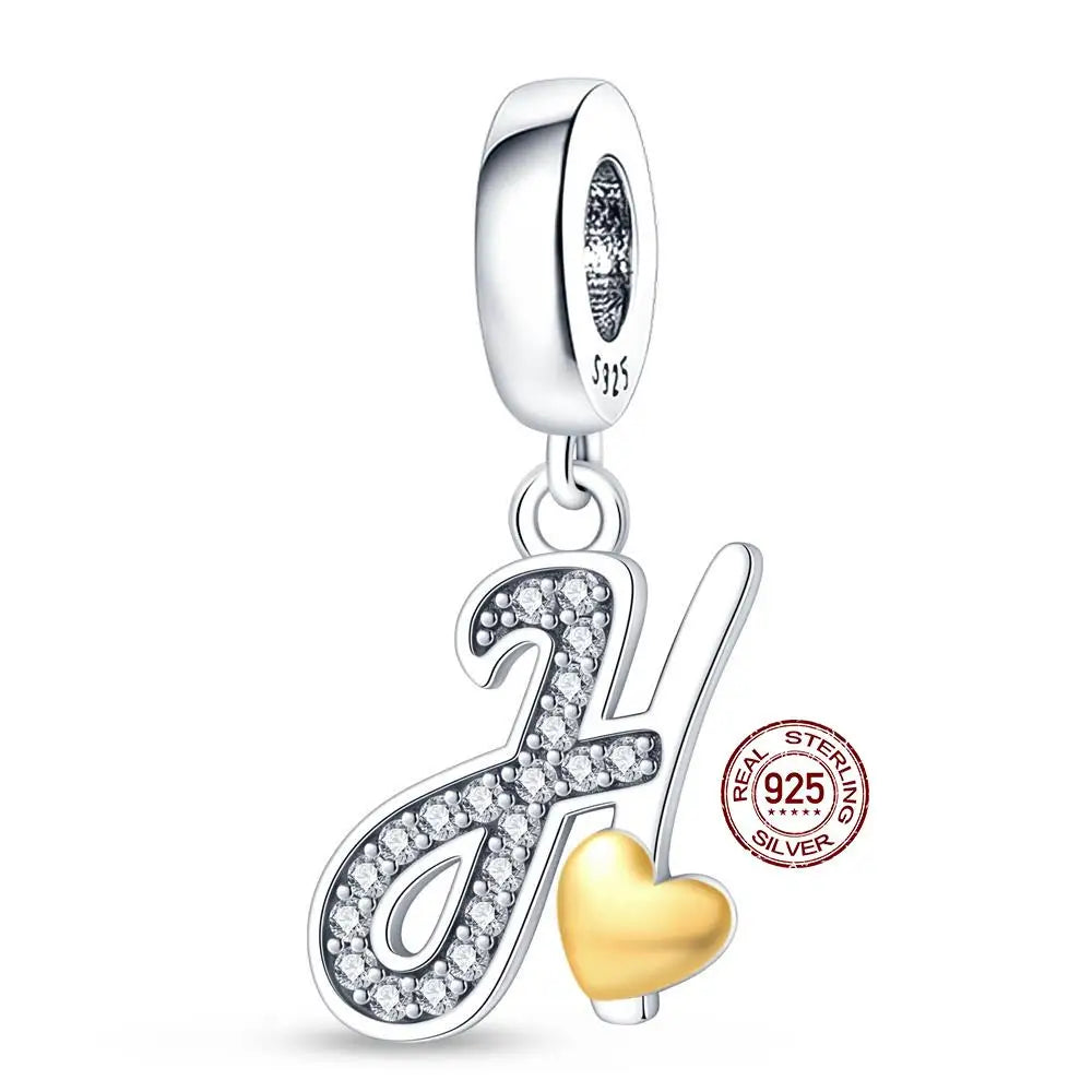 925 Sterling Silver A–Z Alphabet Letter Charms | Gold Heart Beads Fit Original Pan Bracelet | DIY Jewelry Accessories