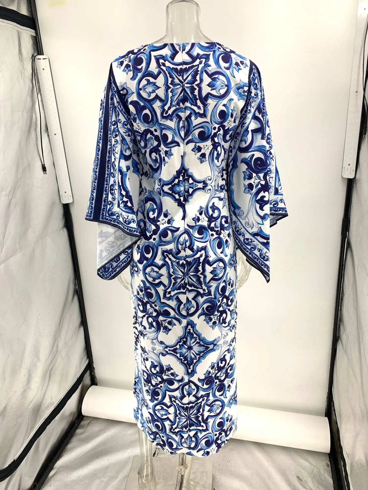 New Spring O-Neck Long Sleeve Maxi Dress for Women | Elegant Loose Commuting Dress | Blue & White Porcelain Print with Side Split