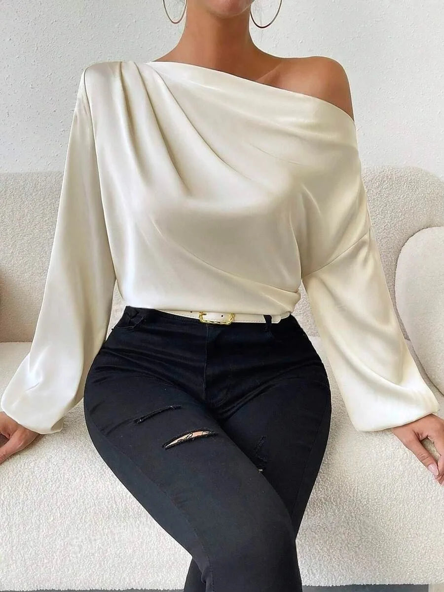 2025 Women’s One-Shoulder Elegant Blouse – Sexy Solid Color Long Sleeve Foreign Style Top 👚✨