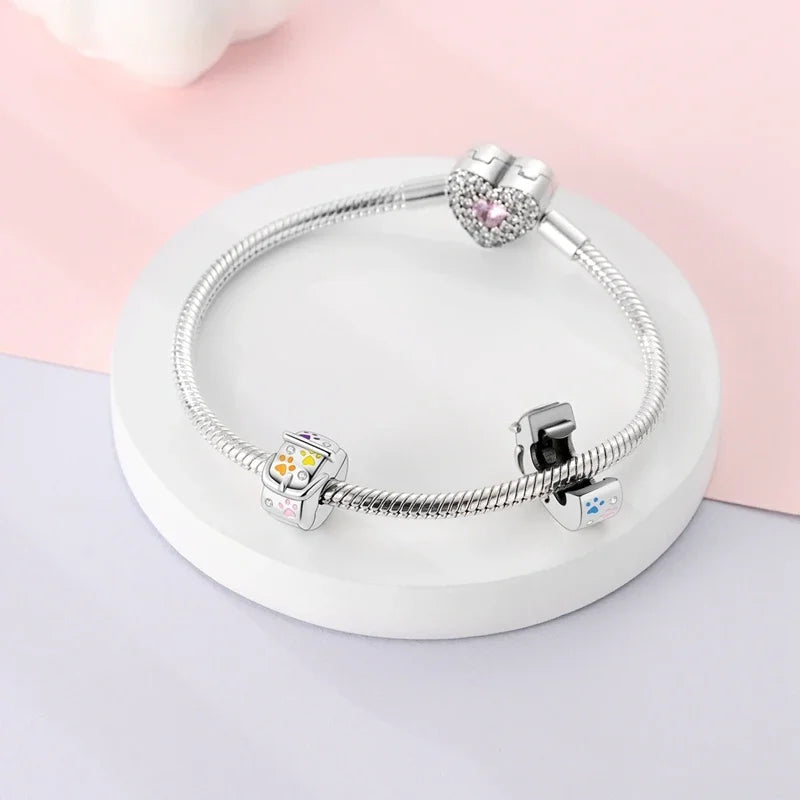 925 Sterling Silver Cat & Dog Paw Charms | Animal Pendant Beads Fit Pandora Bracelet | Women’s DIY Jewelry Gift