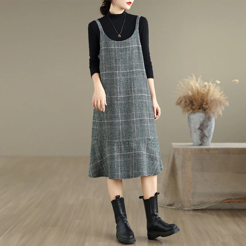Autumn Winter Plaid Wool Skirt Vest Dress – Slimming Plus Size Mid-Length Thin Base Layer Outerwear | Casual Round Neck Dress