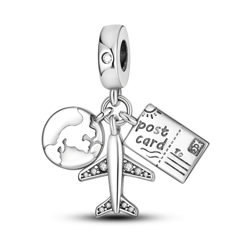 925 Sterling Silver Golden Charms Bow Cross Earth Passport Dangle | Fits Original Bracelet DIY Jewelry Gift for Women