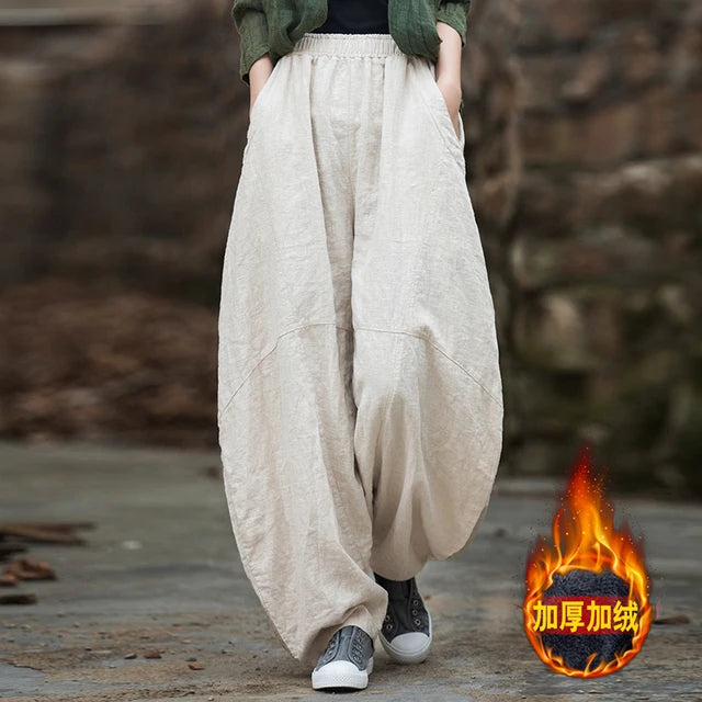 Elegant Women’s Cotton Linen Baggy Cargo Pants – Vintage Elastic Waist Wide-Leg Casual Trousers