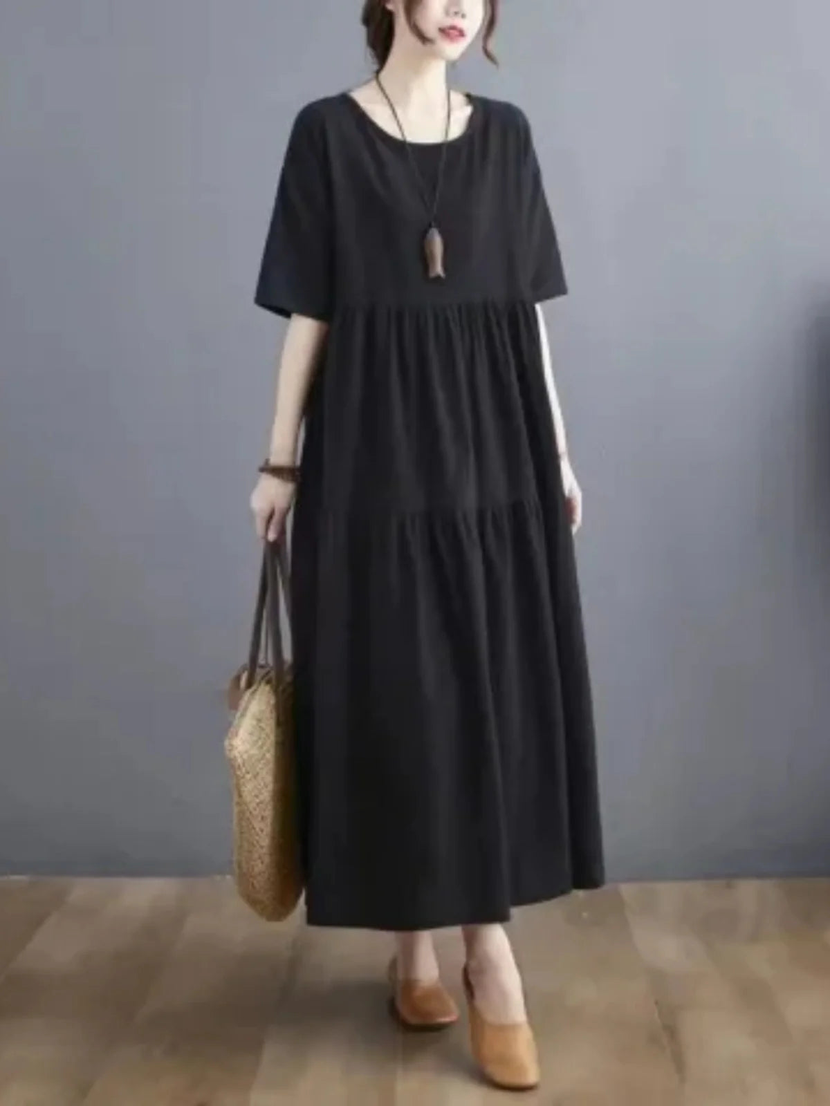 Cotton Linen Midi Dr Slimming A-Line Skirt High Waist Concealing Belly Summer New Sle Artistic Mid-aged And ly Wome...