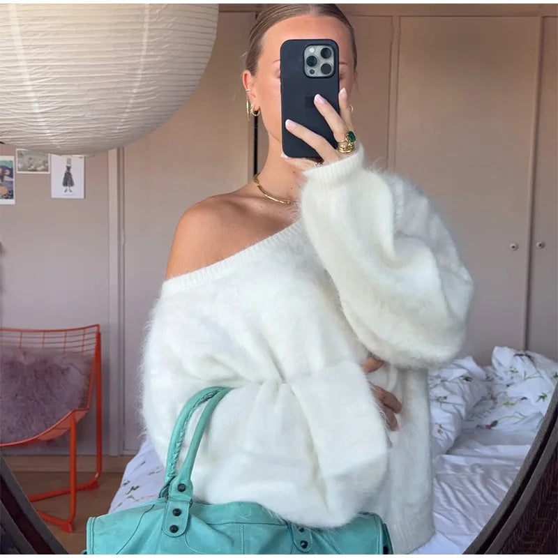 Women’s Off-Shoulder Mohair Sweater | Elegant Loose Knit Pullover for Autumn Fashion 2025