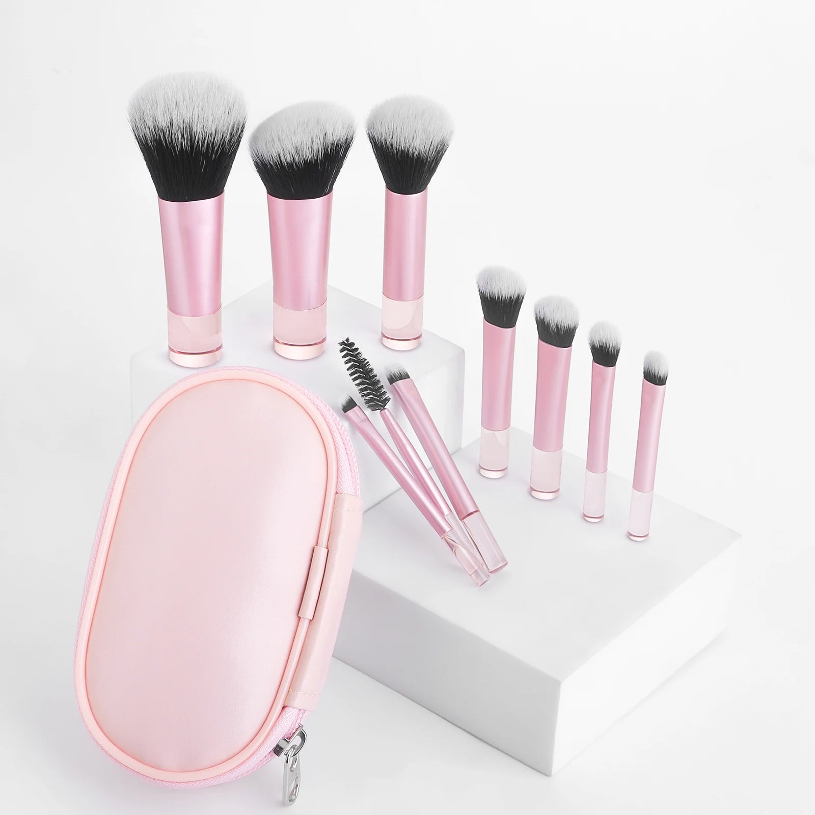 10pcs Mini Makeup Brush Set with Bag – Plastic Handle Multifunctional Makeup Brushes for Home & On-the-Go Use
