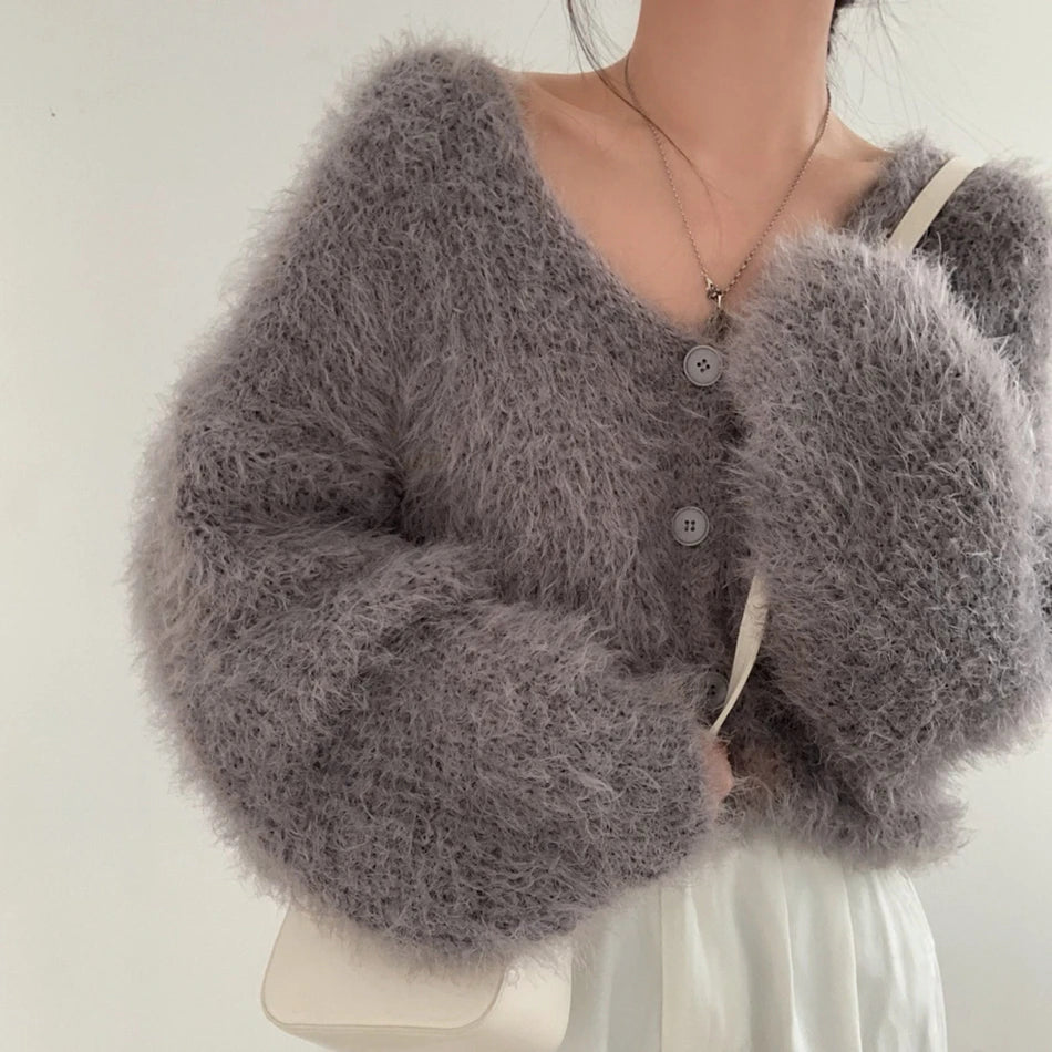 Chic V-Neck Knitted Sweater Coat for Women 🧥✨ Faux Fur Lazy Style Cardigan 💖 Autumn Winter Fashion Outerwear