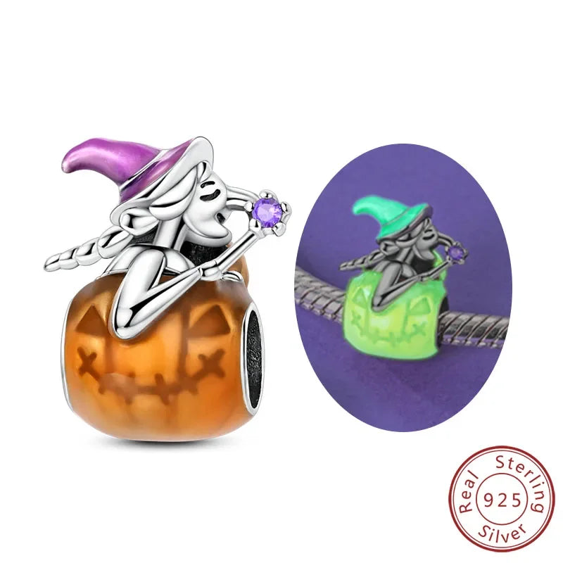 Halloween 925 Sterling Silver Luminous Pumpkin Witch Charm | Skeleton, Mummy & Candy Bead for DIY Bracelet Jewelry Gift