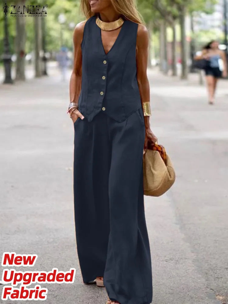 ZANZEA 2025 Elegant Women’s Two-Piece Set – Solid Color Wide Leg Pants & Vest Top Plus Size 👩‍💼✨