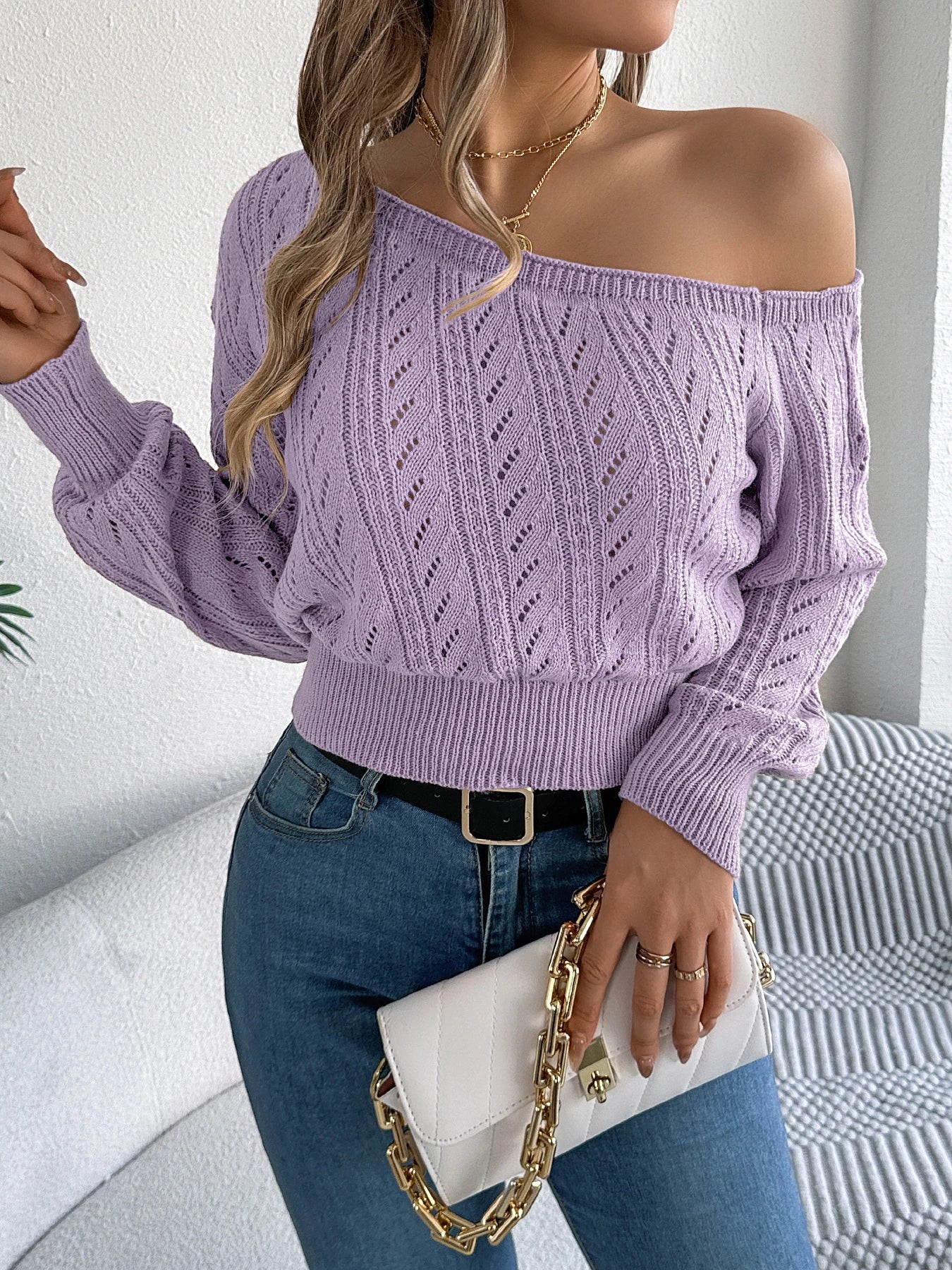 Women’s Autumn/Winter Slash Neck Off-Shoulder Knitted Pullover Sweater – Casual Elegant Long Sleeve Top