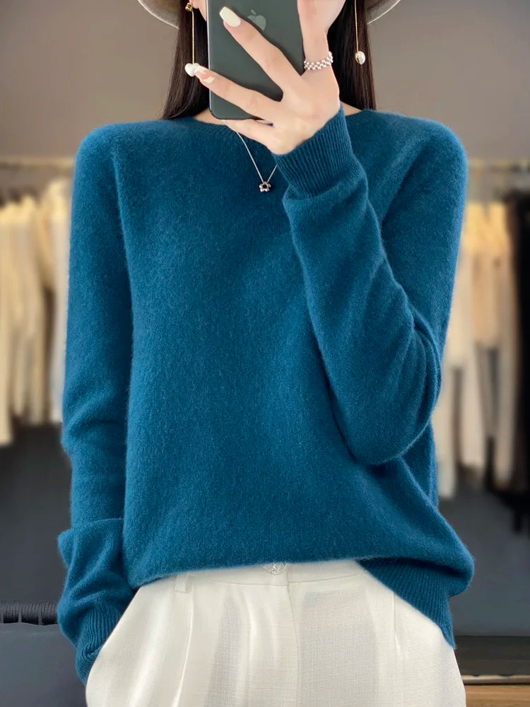 Women’s 100% Merino Wool O-Neck Cashmere Sweater – Autumn & Winter Casual Knitted Pullover 🍂🧶