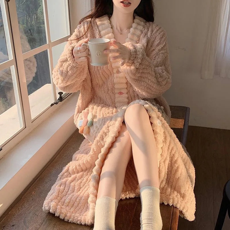 🌈 Rainbow Coral Fleece Robe for Women 🧣 | Soft & Warm Autumn Winter Home Clothes 🏡 | Cozy Sweet Open Cardigan 👗
