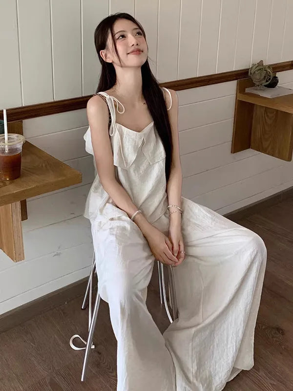 Casual Loose Women’s Two-Piece Set – White Lace Trim Strap Top & High Waist Wide-Leg Pants Summer Fashion Outfit