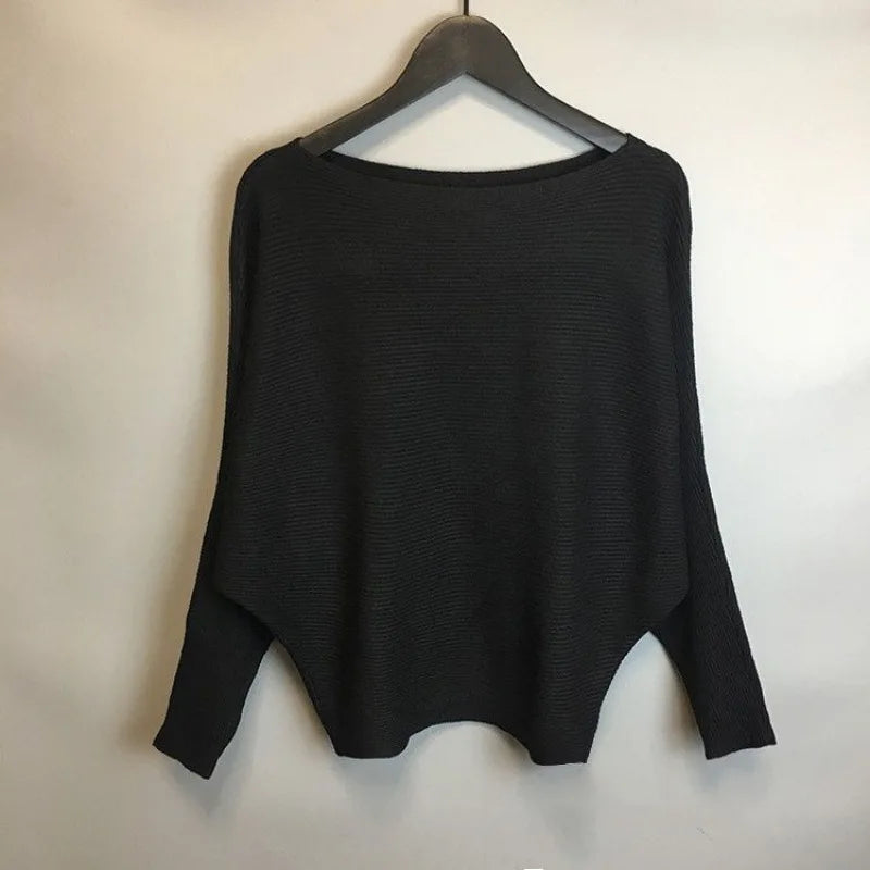 New Women’s One-Line Neck Bat Sleeve Knitted Sweater | Loose Simple OL Style Long Sleeve Solid Pullover