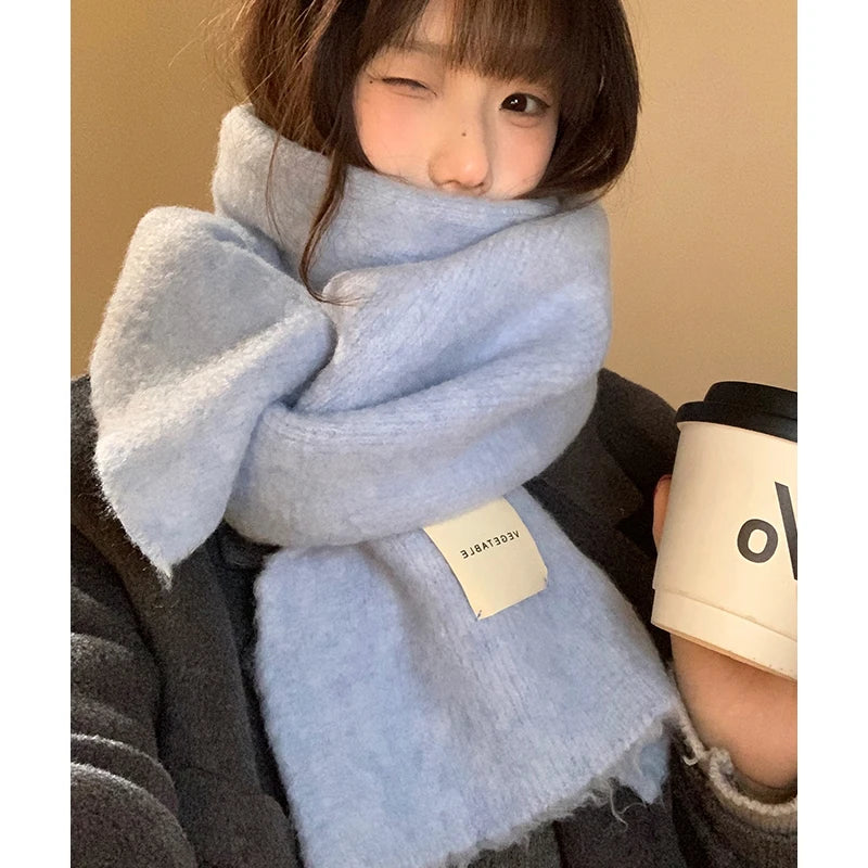 Warm Wool Blend Blue Knitted Scarf – Women’s Korean Style Winter Neck Warmer | Long Rectangle Color Scarf