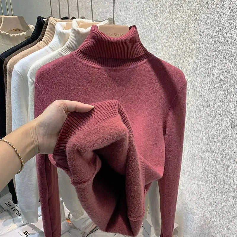 2025 Women’s High Collar Pullover Sweater – Thick Warm Soft Winter Top | Solid Color Bottoming Shirt