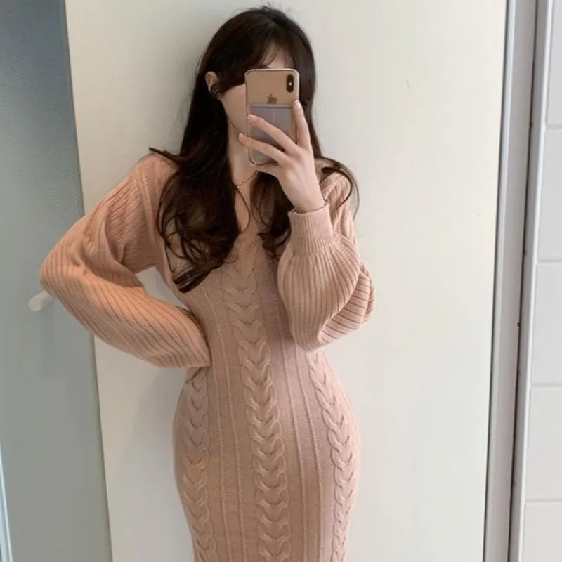 Women's V-Neck Knitted Sweater Bodycon Dress – Autumn Winter Long Lantern Sleeve Slim Fit Fashion Dress
