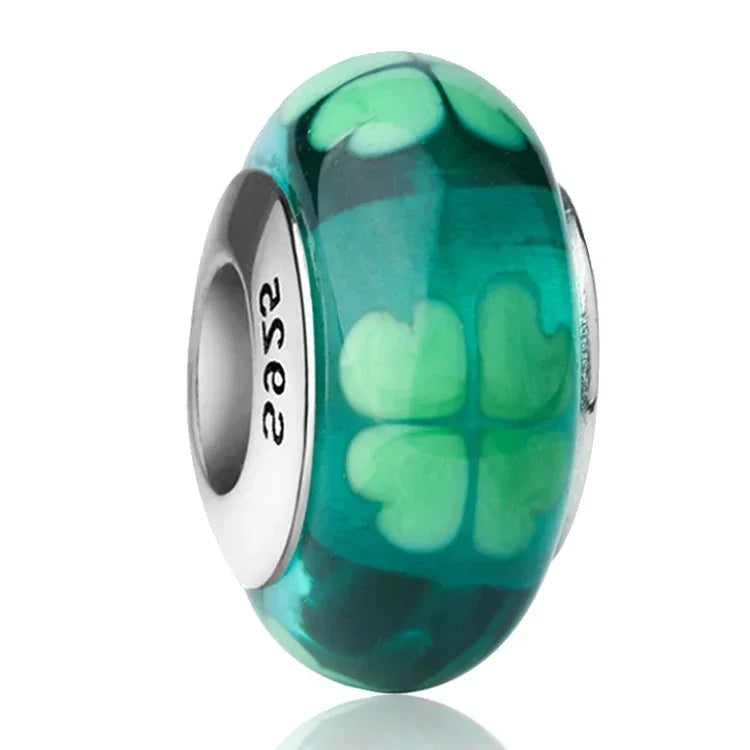 2025 Classic 925 Sterling Silver Colored Flower & Leaf Murano Glass Charm Beads | DIY Bracelet