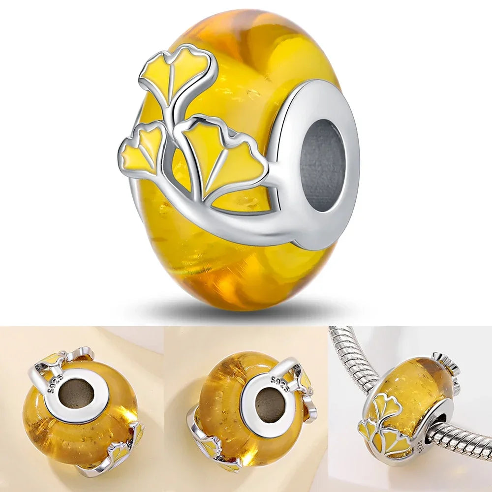 2025 Classic 925 Sterling Silver Colored Flower & Leaf Murano Glass Charm Beads | DIY Bracelet