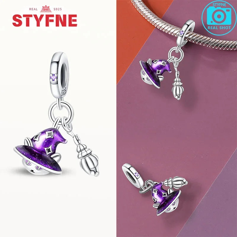 925 Sterling Silver Purple Flying Witch Hat & Magic Book Charm – Fits Original Bracelet DIY Halloween Jewelry Gift for Women
