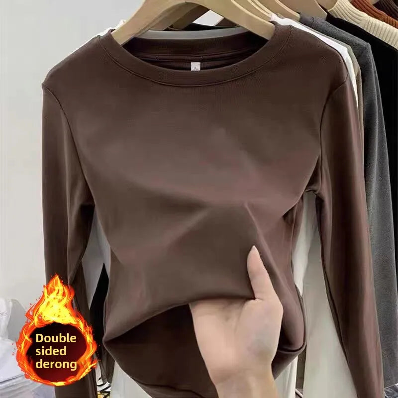 Women’s Winter Thickened Fleece-Lined Round Neck Long Sleeve Base Shirt | Slim Fit Solid Color Thermal Inner Wear Top