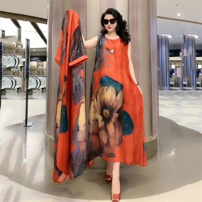 Middle-Aged Women’s Summer Dress Suit – Casual Two-Piece Printed Long Dress Set | Elegant Temperament Outfit