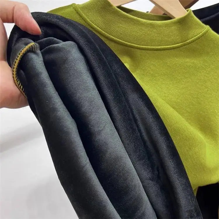 ❄️ Thiened Fleece Warm Long Sleeve Innerwear 👚 Slim Fit Mid-Neck Women's Base T-Shirt 🌸 Autumn Winter Two-Piece Set