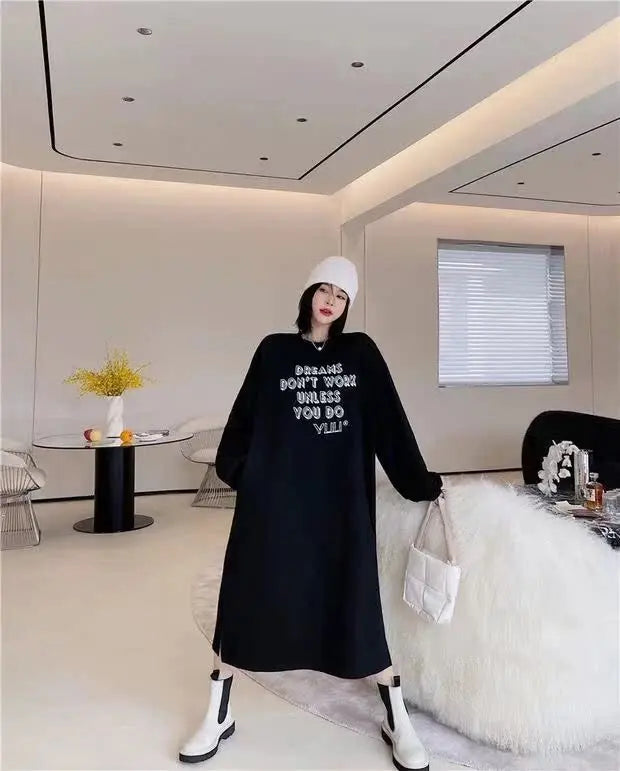 Lazy Person's Winter Sweatshirt Dress ❄️ Loose Casual Home & Outdoor Wear 👗 Personalized Letter Design 🌟