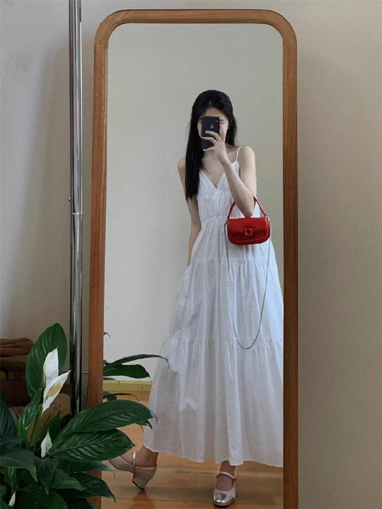 Women’s White V-Neck Backless Strap Dress – Summer Fairy Beach Vacation Long Skirt, Elegant Loose Waist Gown