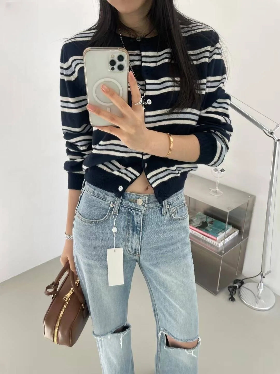 Women's Striped Knitted Cardigan | Chic Spring Button-Up Sweater | Soft Classic Open Front Knitwear