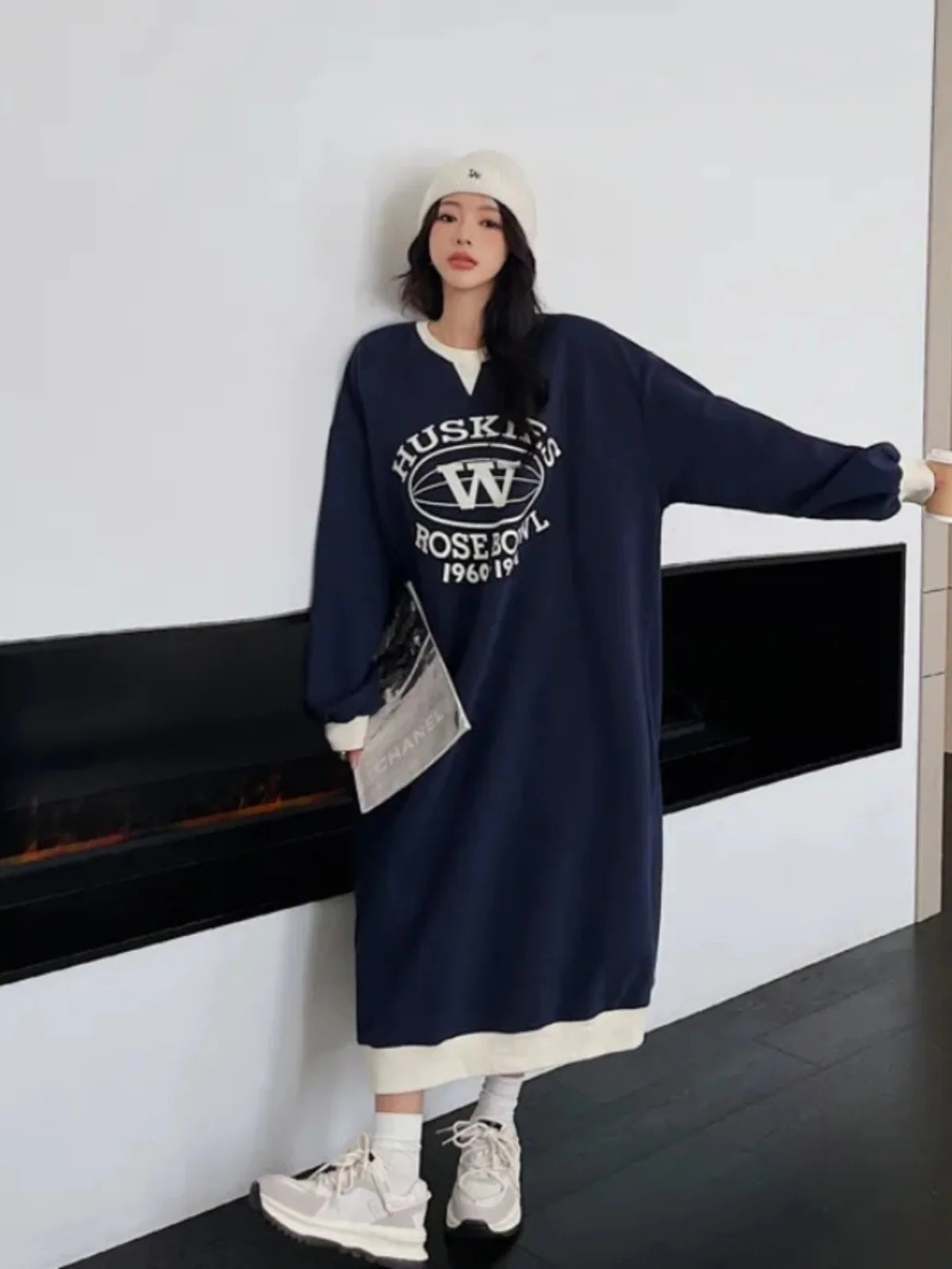 Plus Size Korean Style Loose Casual Sweatshirt Dress – A-Line Skirt, Long Sleeve Mid-Length | Weight Loss Friendly