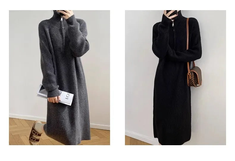 Thickened Long Sleeve Knitted Dress with Zipper Collar – Straight Tube Korean Style Winter Women’s Commute Warm Dress