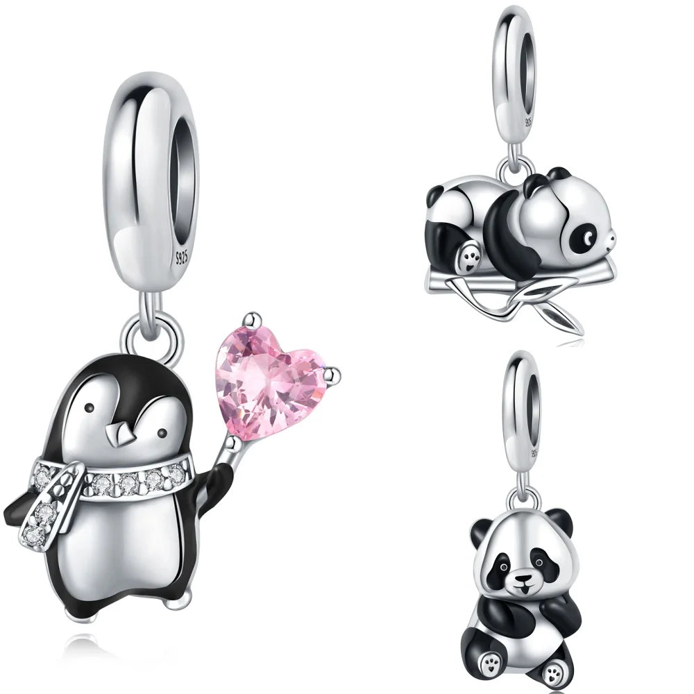 925 Sterling Silver Cute Panda & Penguin Charm Bead | Fun Animal Pendant for Women DIY Bracelet Jewelry Gift
