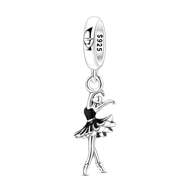 925 Sterling Silver Black Swan Ballerina Pendant Charm for Women DIY Bracelet Jewelry