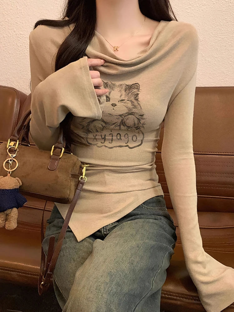 Y2K Cat Long Sleeve Women’s T-Shirt – Luxury Korean Off-Shoulder Slim Casual Top 🐱✨