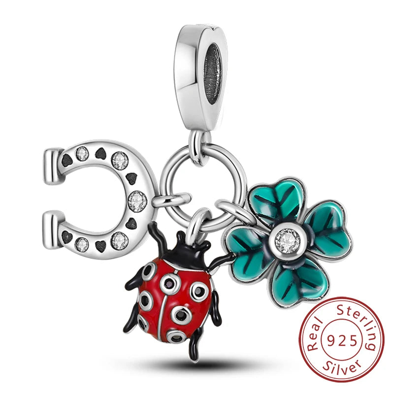 New 925 Sterling Silver Four-Leaf Clover Green Charm Bead | Lucky Pendant for Original Bracelet Jewelry Gift