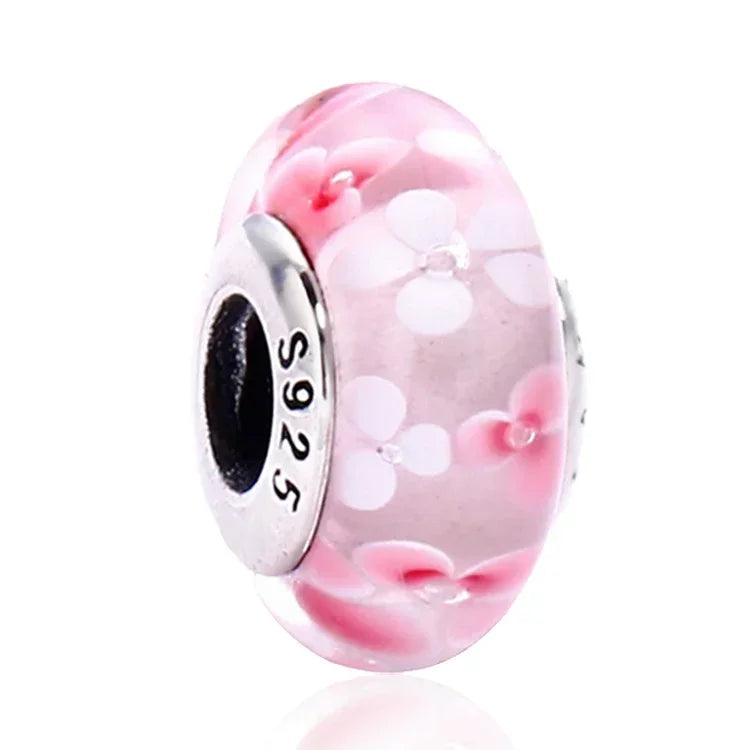 2025 Classic 925 Sterling Silver Colored Flower & Leaf Murano Glass Charm Beads | DIY Bracelet