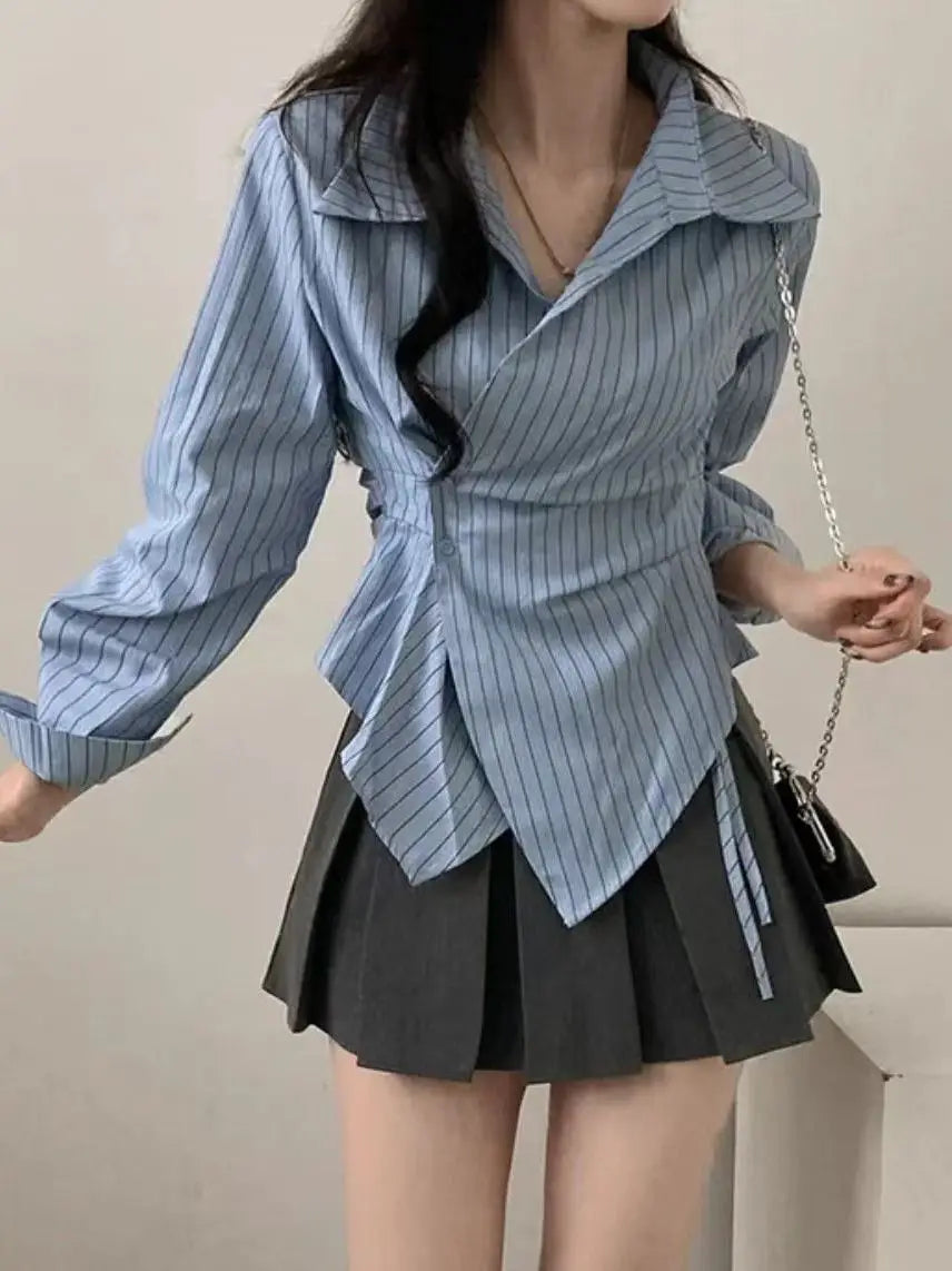 ✨ Slimming Effect White Asymmetrical Long Sleeve Top 👚 Waist-Cinching French Style Loose Fit 🌸 Women’s Premium Spring & Autumn Fashion