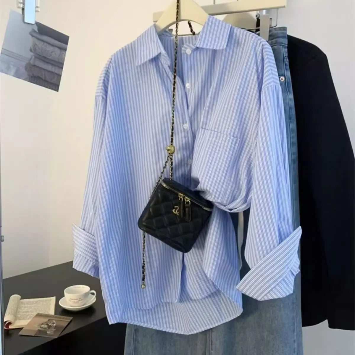 Retro Lazy Style Blue Striped Women’s Long Sleeve Shirt | Spring Autumn Design Sense Outerwear Blouse