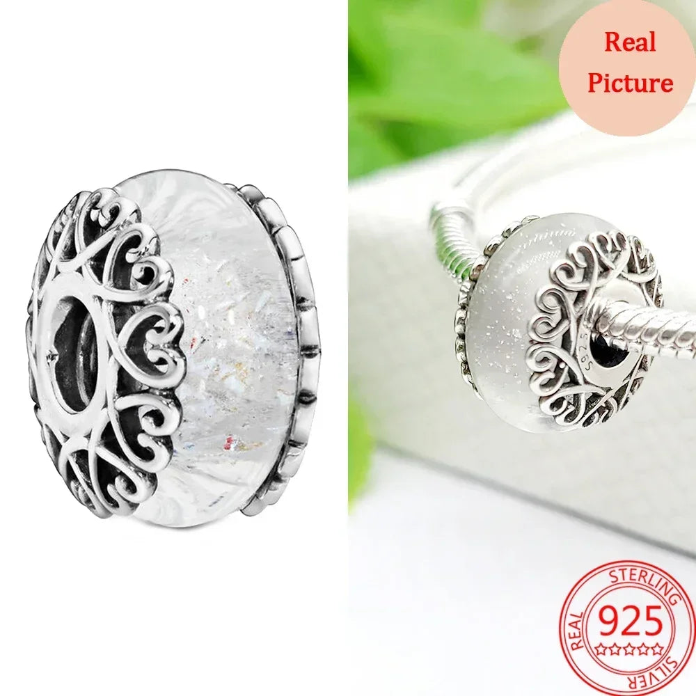 925 Sterling Silver Murano Glass Galaxy & Clover Heart Beads | Fit Pandora Bracelet DIY Jewelry Gift for Mum