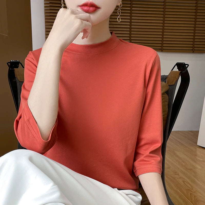 Women’s Cotton T-Shirt | Semi-High-Neck Cropped Sleeve Top | Loose Solid Color Summer & Autumn Bottoming Tee