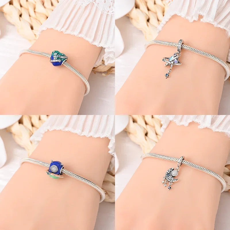 925 Sterling Silver Luminous Rabbit Astronaut Spaceship Charm – Fits Original Bracelet DIY Jewelry Gift for Women