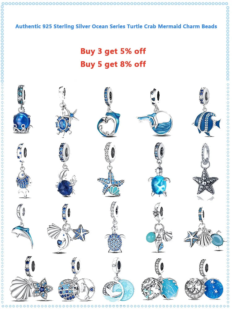 Blue Ocean Series 925 Sterling Silver Turtle Crab Mermaid Charms for 3mm Bracelet