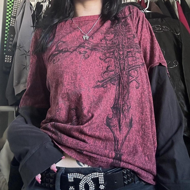 Y2K Grunge Emo Vintage T-Shirt | Gothic Patchwork Long Sleeve E-Girl Cyber Goth Streetwear Top