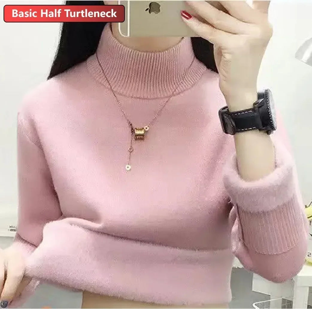 Women Winter Thicken Turtleneck Sweater – Slim Knit Plush Velvet Lined Warm Pullover Jumper