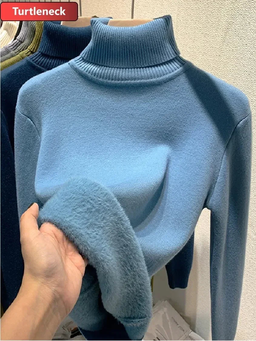 Women Winter Thicken Turtleneck Sweater – Slim Knit Plush Velvet Lined Warm Pullover Jumper