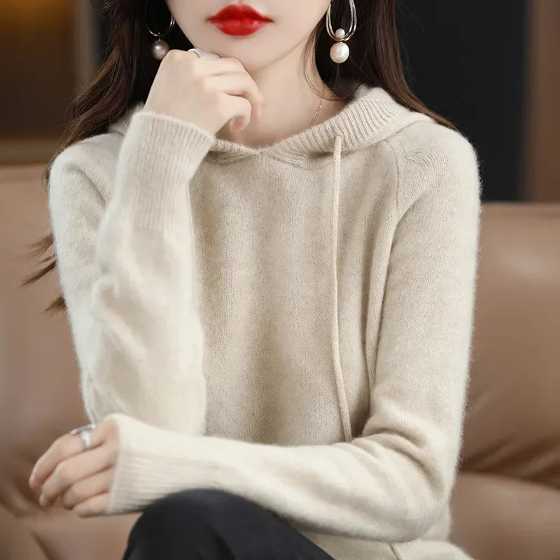 Women Pullover Sweater Hooded Jumper – Korean Loose Fit Solid Long Sleeve Thick Warm Knitted Sweater Autumn Winter