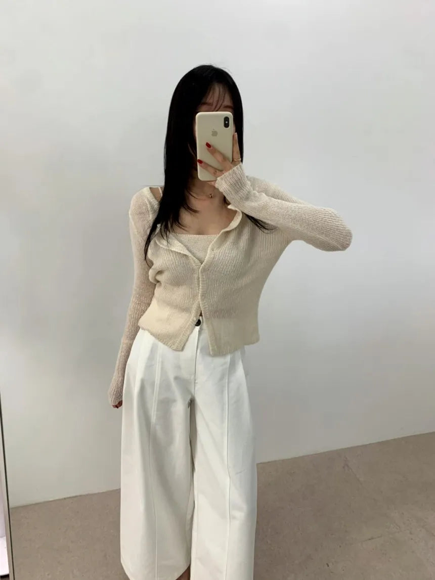 Simple round Ne Button up Knit Sweater Strap Set Casual Sle Polyester Fiber Open Cardigan for Women Autumn Winter ential